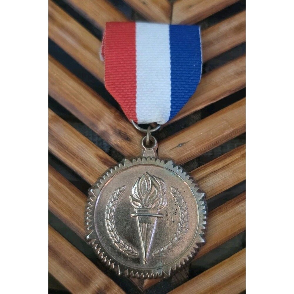 Vintage Torch Laurel Wreath Award Medal Red White Blue Ribbon Copper